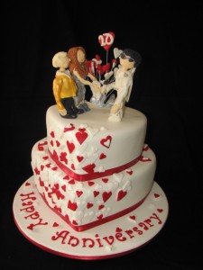 Anniversary Cake - "Elvis, Bride & Groom" with red and white heart theme