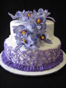 Purple themed wedding cake - handmade sugar orchids